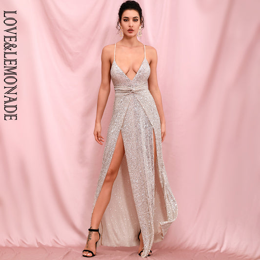 LOVE&amp;LEMONADE Sexy Silver Deep V-Neck Sequins Whit Split A-Line Party Maxi Dress LM82415