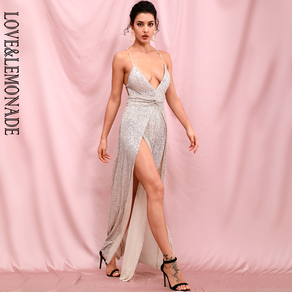 LOVE&amp;LEMONADE Sexy Silver Deep V-Neck Sequins Whit Split A-Line Party Maxi Dress LM82415