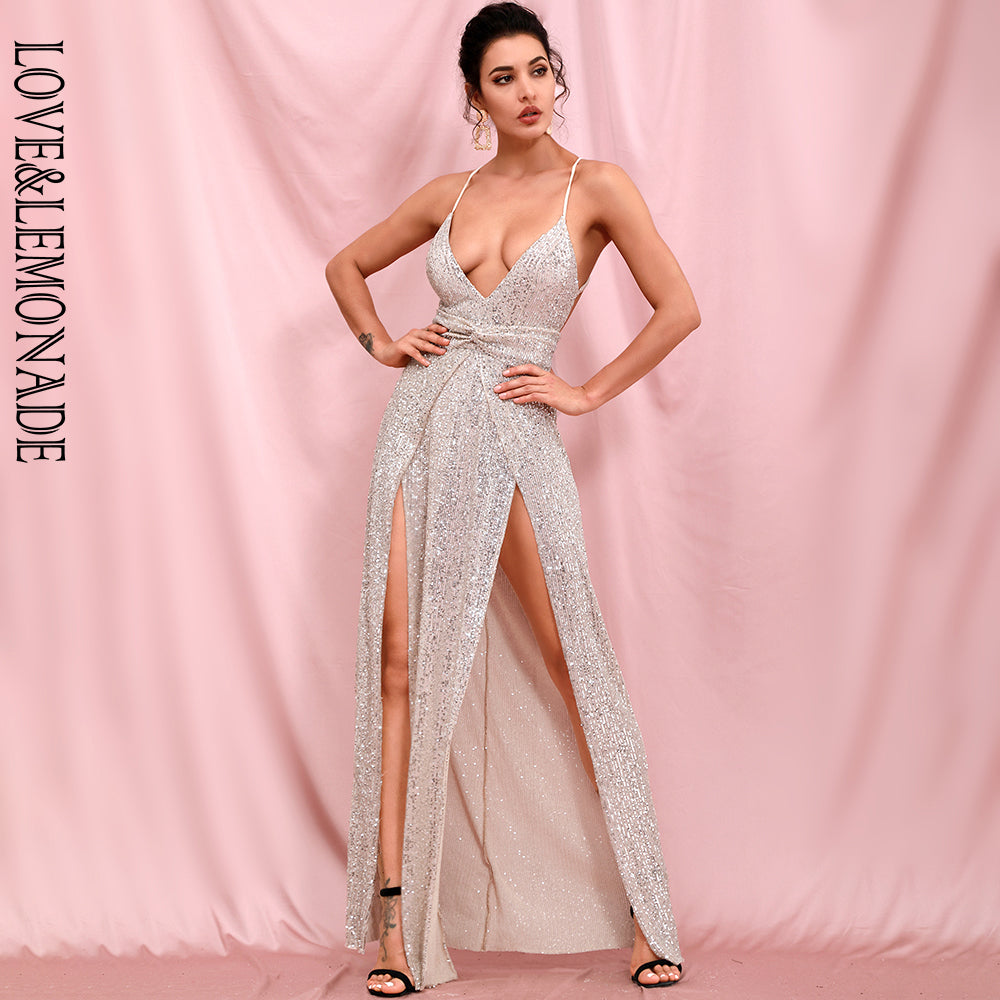 LOVE&amp;LEMONADE Sexy Silver Deep V-Neck Sequins Whit Split A-Line Party Maxi Dress LM82415