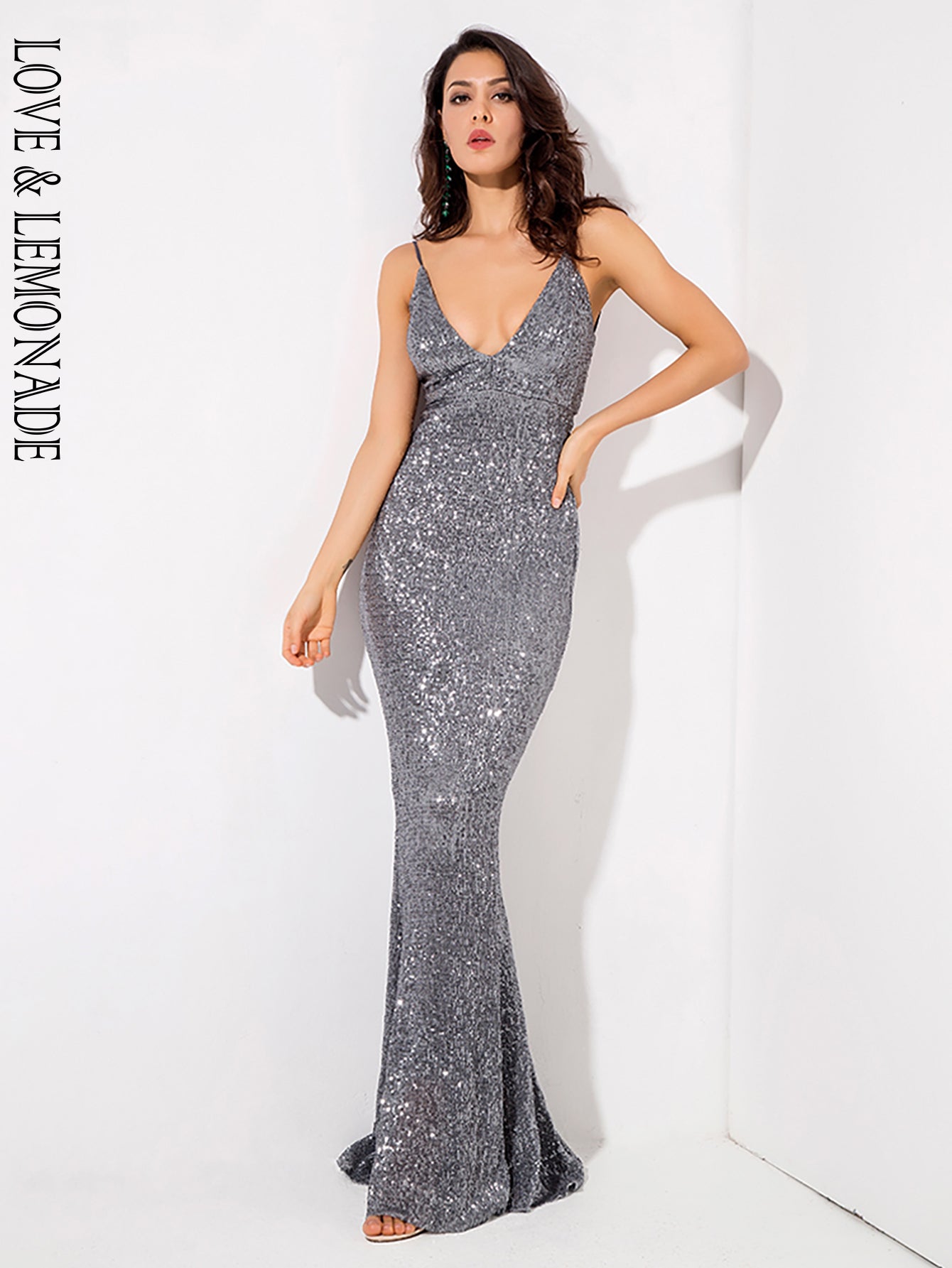 LOVE&amp;LEMONADE Sexy Silver Deep V Neck Sleeveless Tunic Fishtail Party Maxi Dress LM80119