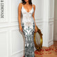 LOVE&amp;LEMONADE Sexy Silver Deep V Neck Strapless Sleeveless Waist Open Back Geometric Sequined Fishtail Party Maxi Dress LM84178