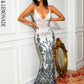 LOVE&amp;LEMONADE Sexy Silver Deep V Neck Strapless Sleeveless Waist Open Back Geometric Sequined Fishtail Party Maxi Dress LM84178