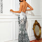 LOVE&amp;LEMONADE Sexy Silver Deep V Neck Strapless Sleeveless Waist Open Back Geometric Sequined Fishtail Party Maxi Dress LM84178