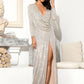 LOVE&amp;LEMONADE Sexy Silver Deep V-neck Draped Elastic Sequins Cross Open bodycon Long Sleeve Party Maxi Dress LM82188