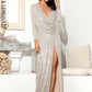 LOVE&amp;LEMONADE Sexy Silver Deep V-neck Draped Elastic Sequins Cross Open bodycon Long Sleeve Party Maxi Dress LM82188