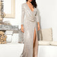 LOVE&amp;LEMONADE Sexy Silver Deep V-neck Draped Elastic Sequins Cross Open bodycon Long Sleeve Party Maxi Dress LM82188