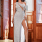 LOVE&amp;LEMONADE  Sexy Silver Diagonal Neck One Shoulder Hollow Sleeveless Slit A-Line Sequin Party Ball Maxi LM81952