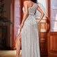 LOVE&amp;LEMONADE  Sexy Silver Diagonal Neck One Shoulder Hollow Sleeveless Slit A-Line Sequin Party Ball Maxi LM81952