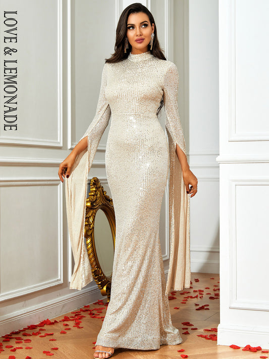 LOVE&amp;LEMONADE Sexy Silver Sequin Stand Collar Long Sleeve Tunic Fishtail Party Maxi Dress LM84213