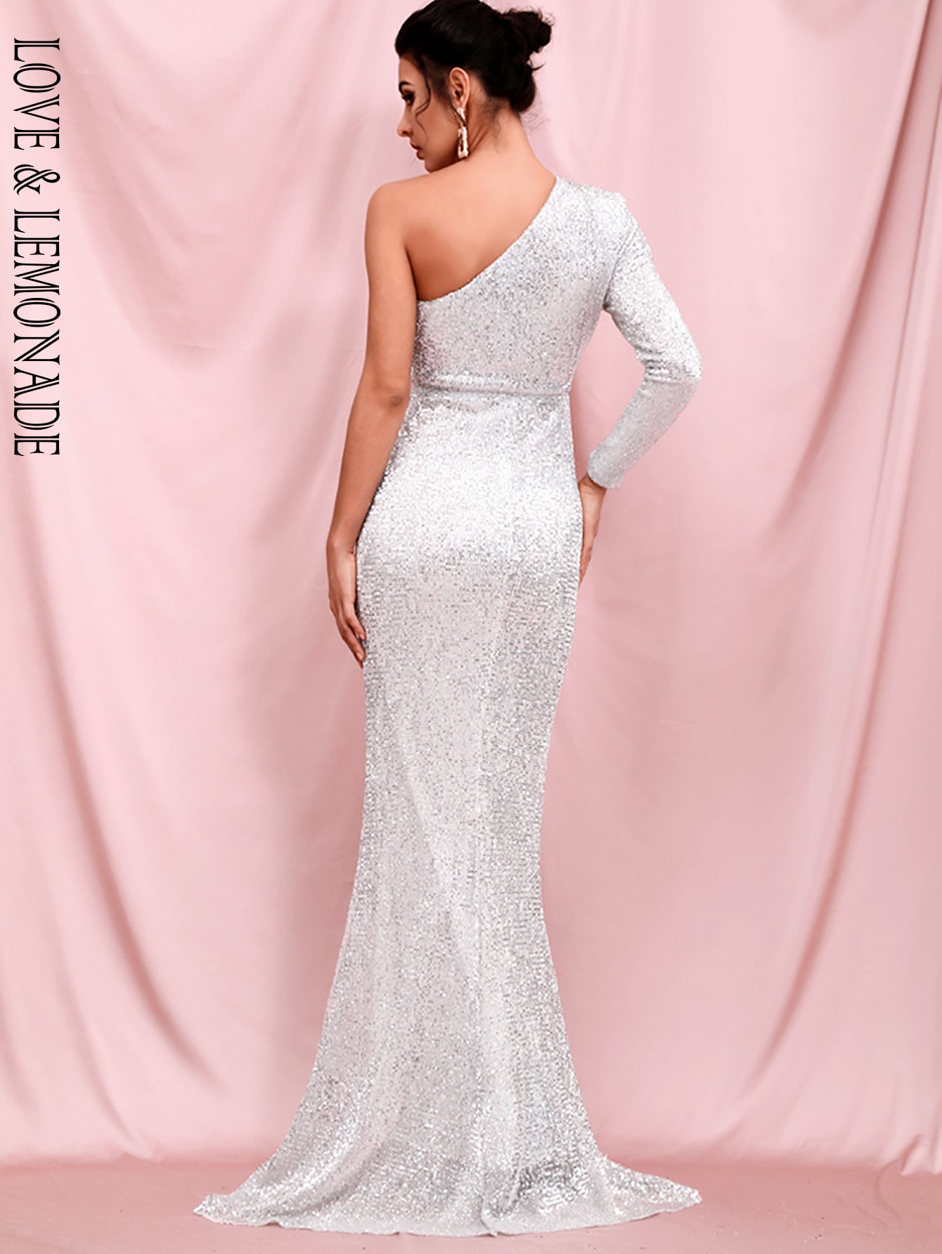 LOVE &amp; LEMONADE Sexy Silver Strapless Single Sleeve Bodycon Elastic Sequin Maxi Dress LM82393