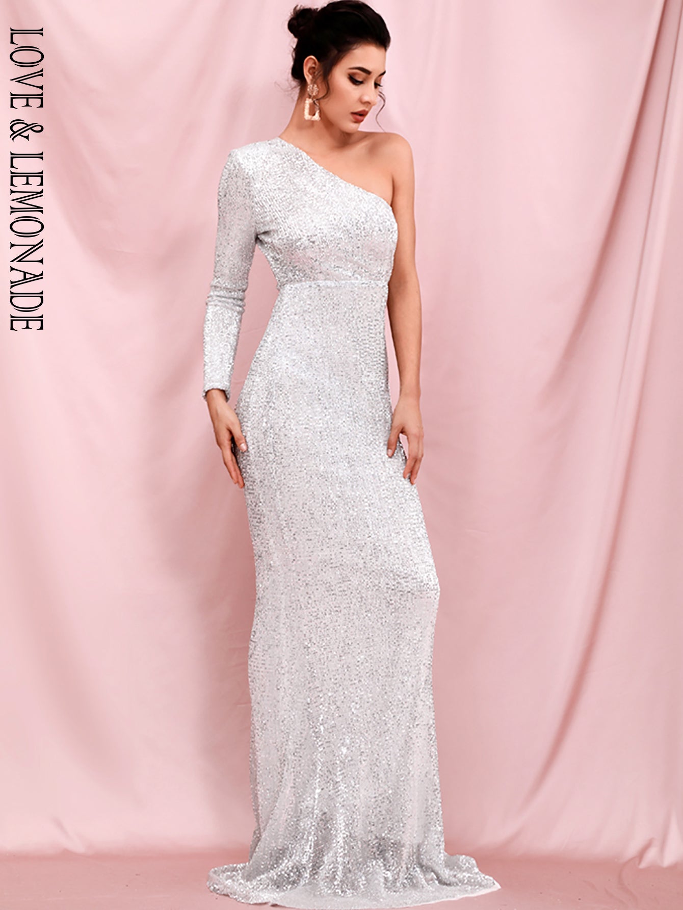 LOVE &amp; LEMONADE Sexy Silver Strapless Single Sleeve Bodycon Elastic Sequin Maxi Dress LM82393