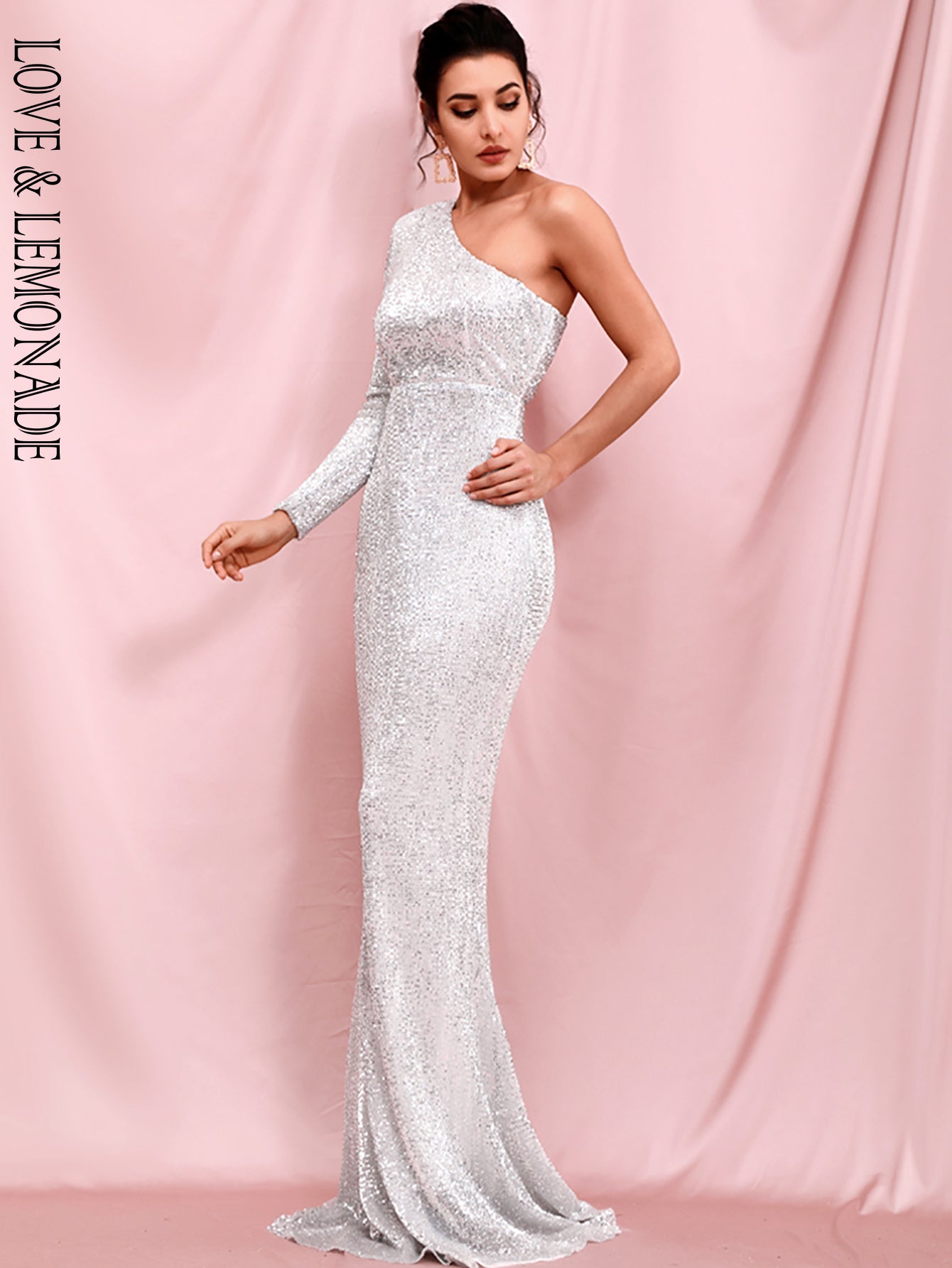 LOVE &amp; LEMONADE Sexy Silver Strapless Single Sleeve Bodycon Elastic Sequin Maxi Dress LM82393