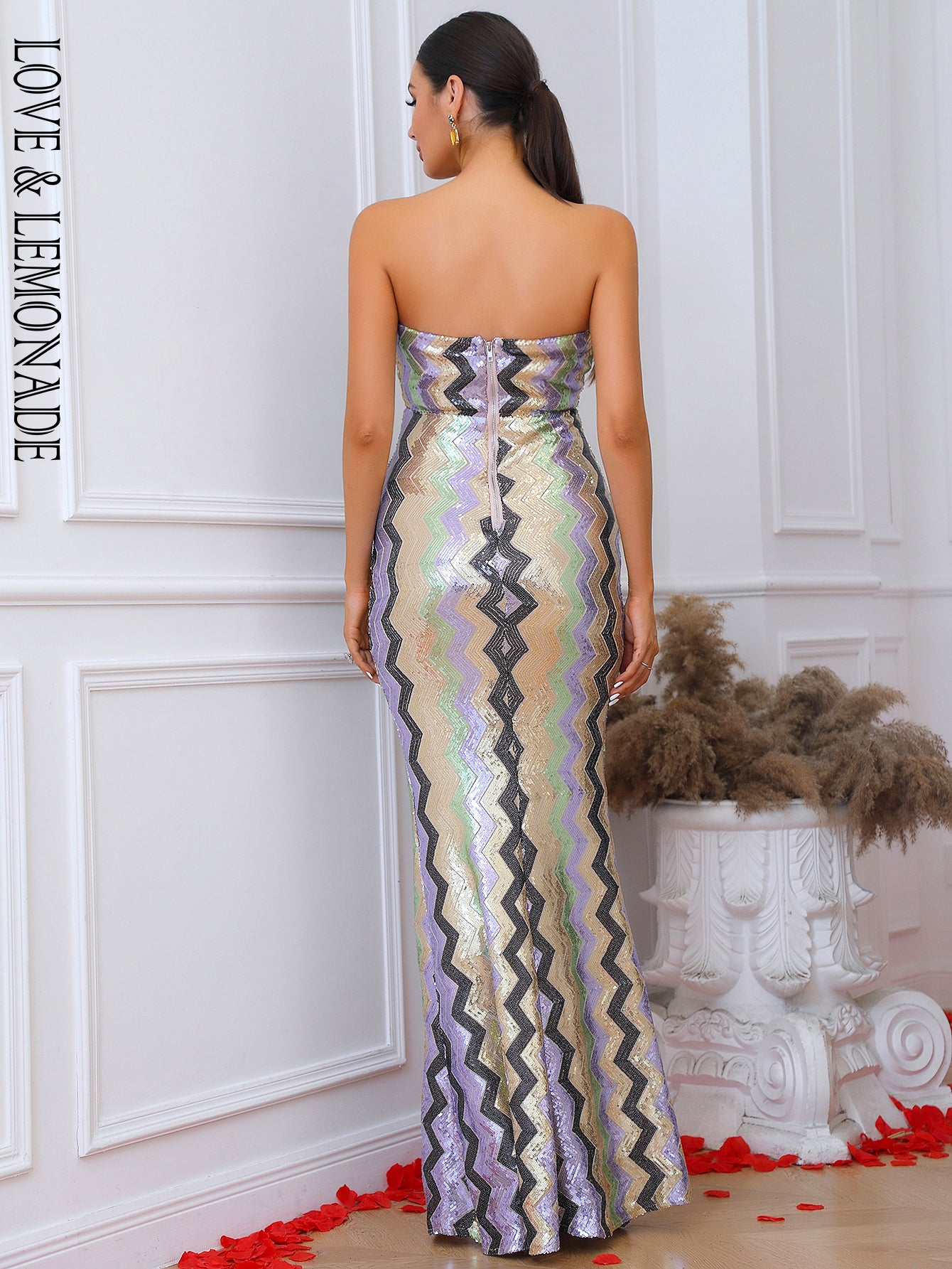 LOVE&amp;LEMONADE  Sexy Silver Strapless Strapless Geometric Sequin Party Dress LM84080