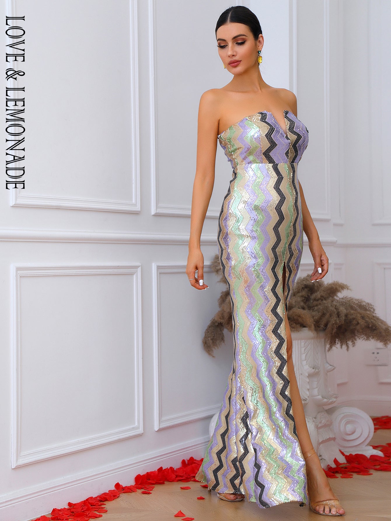 LOVE&amp;LEMONADE  Sexy Silver Strapless Strapless Geometric Sequin Party Dress LM84080