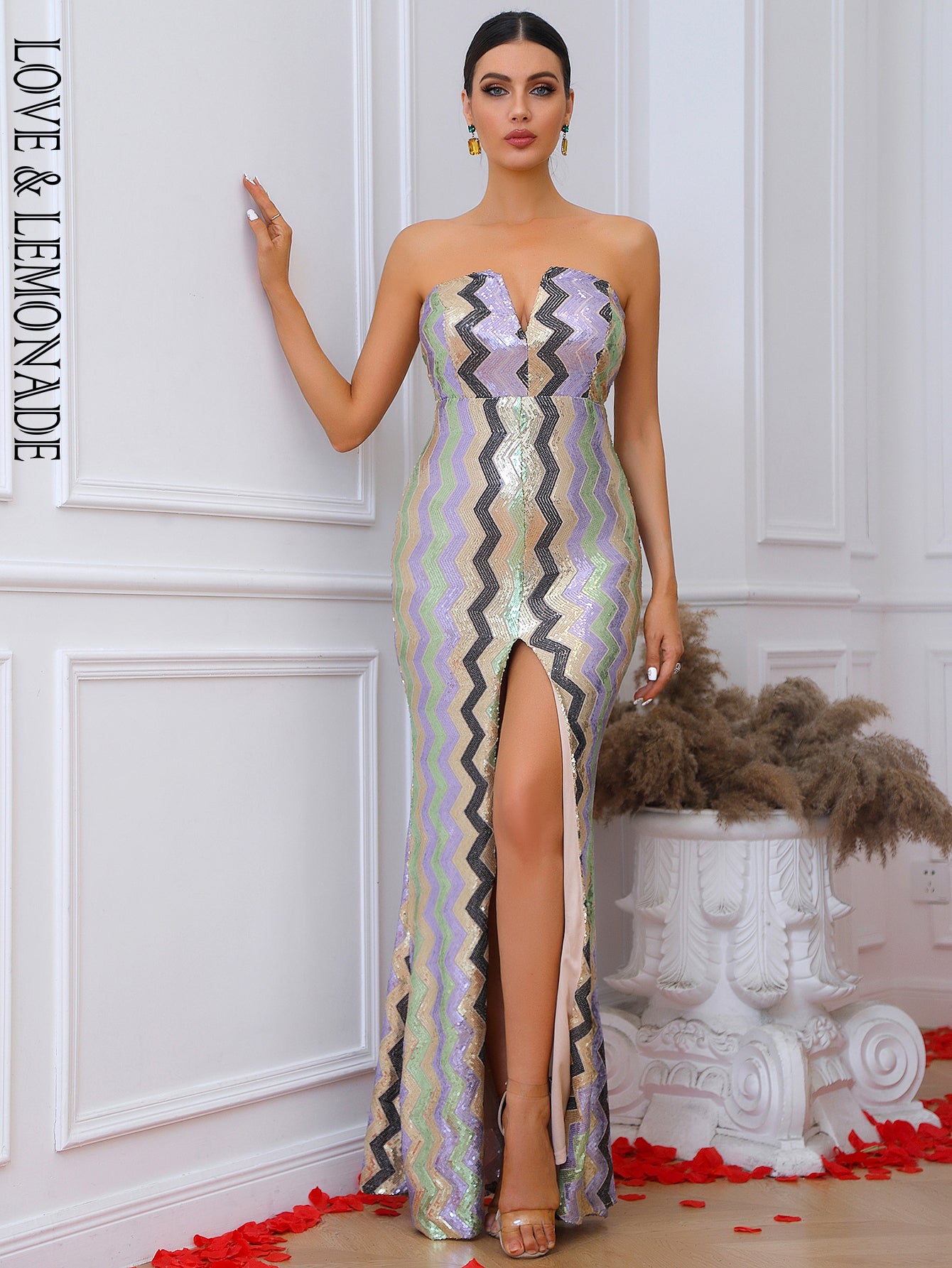 LOVE&amp;LEMONADE  Sexy Silver Strapless Strapless Geometric Sequin Party Dress LM84080