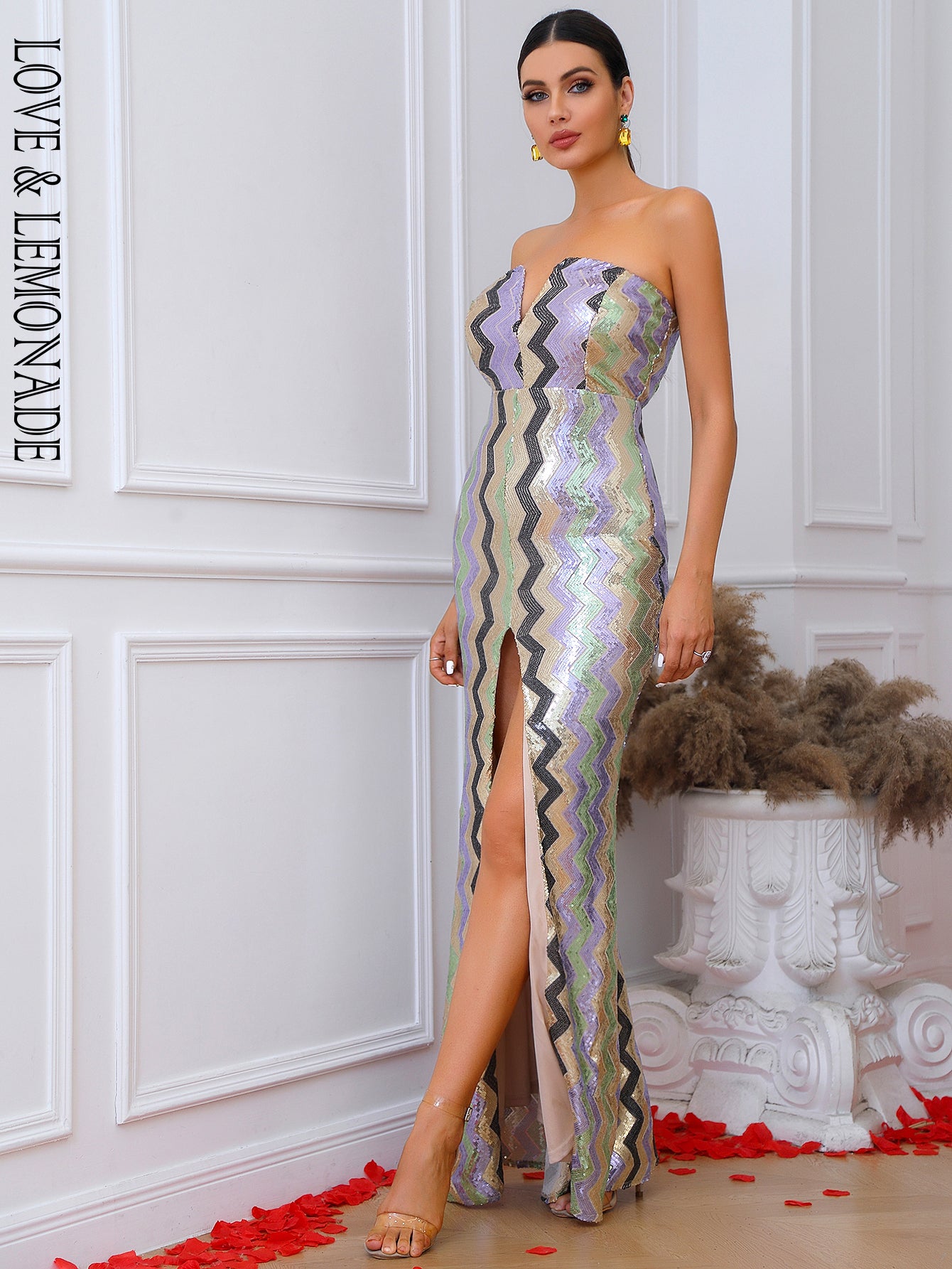 LOVE&amp;LEMONADE  Sexy Silver Strapless Strapless Geometric Sequin Party Dress LM84080