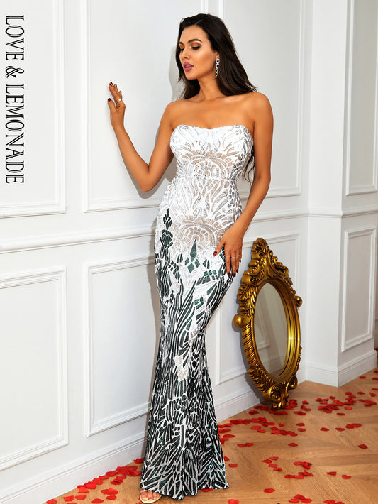 LOVE&amp;LEMONADE Sexy Silver Tube Top Sleeveless Nipped Waist Open Back Geometric Sequined Fishtail Party Maxi Dress LM84177