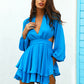 LOVE&amp;LEMONADE Sexy Sky Blue Waist Cut Out Deep V-Neck Lantern Long Sleeves Lotus Leaf Playsuit AA02455