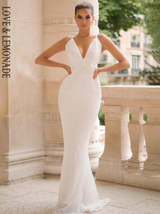 LOVE&amp;LEMONADE Sexy Sleeveless White Deep V-Neck Backless Slim Long Dress LM80119