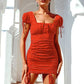 LOVE&amp;LEMONADE Sexy Square Collar Puff Short Sleeve Red Print Drawstring Bodycon Mini Dress WD01166