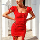 LOVE&amp;LEMONADE Sexy Square Collar Puff Short Sleeve Red Print Drawstring Bodycon Mini Dress WD01166