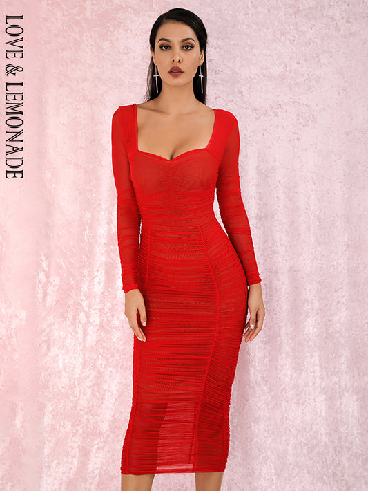 LOVE&amp;LEMONADE Sexy Square Collar Red Elastic Mesh Slim Long Sleeve Over-The-Knee Party Dress (With Lining) LM81941-1