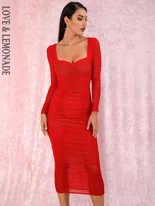 LOVE&amp;LEMONADE Sexy Square Collar Red Elastic Mesh Slim Long Sleeve Over-The-Knee Party Dress (With Lining) LM81941-1