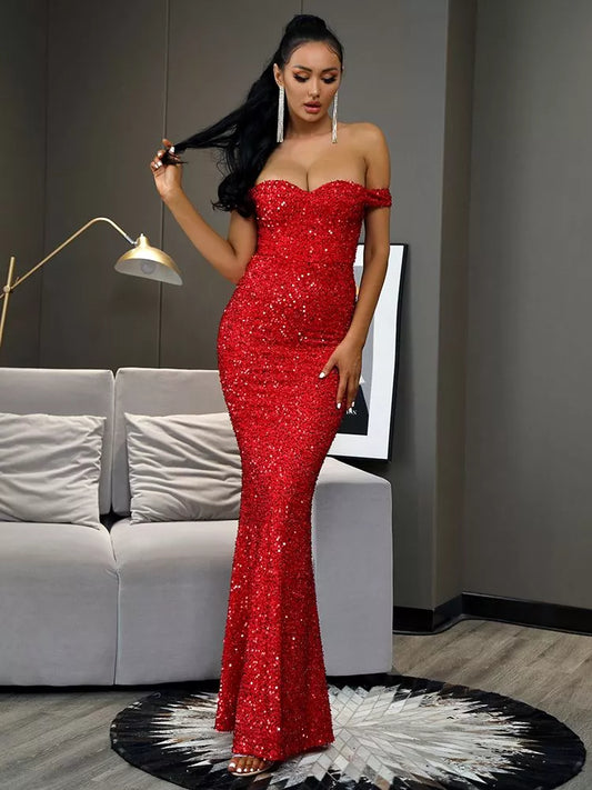 LOVE&amp;LEMONADE Sexy Strapless Red Sequin Bodycon Fishtail Party Maxi Dress LM81343-7