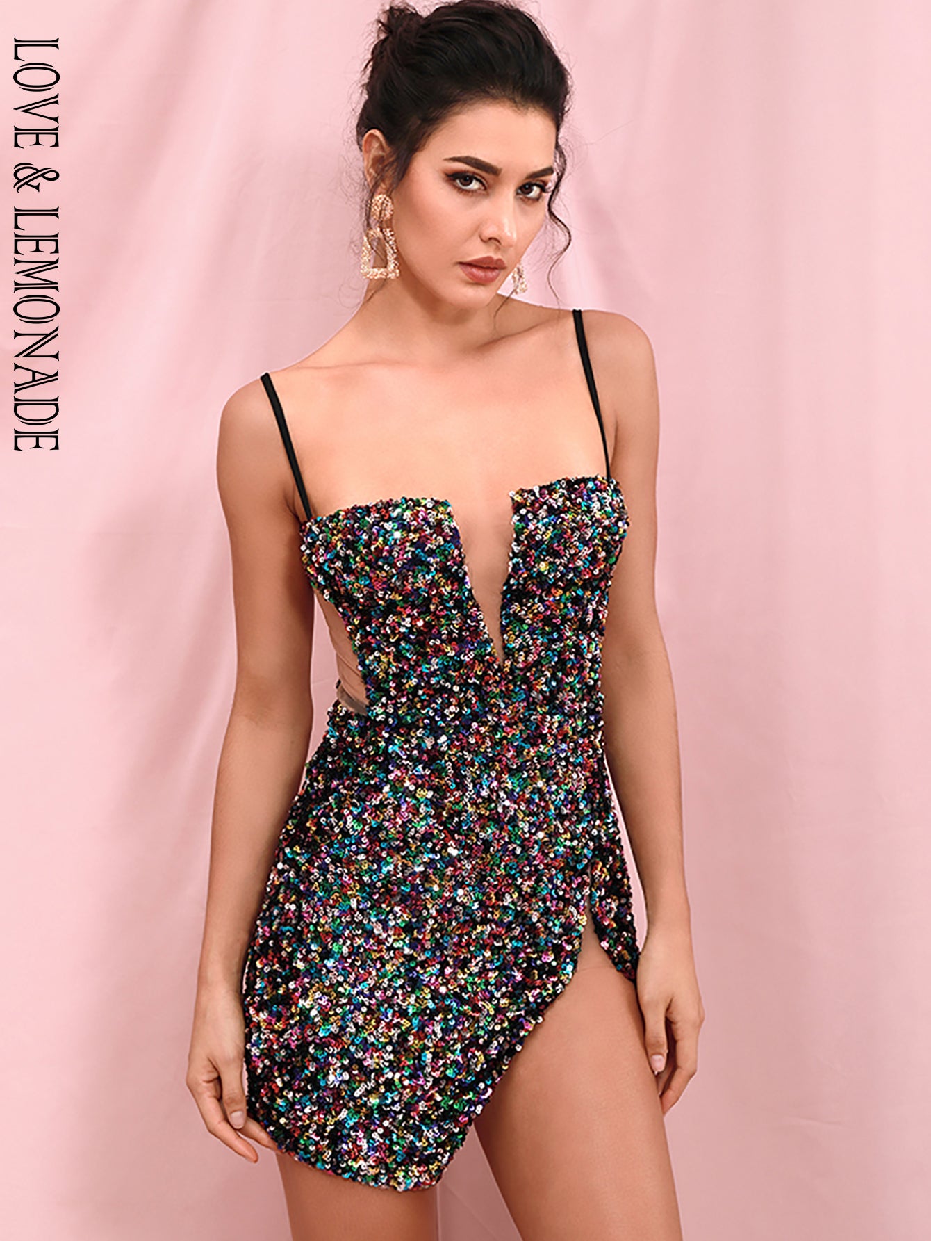 LOVE &amp; LEMONADE Sexy Tube Top Black Cut Out Stretch Sequin Bodycon Party Mini Dress LM82289