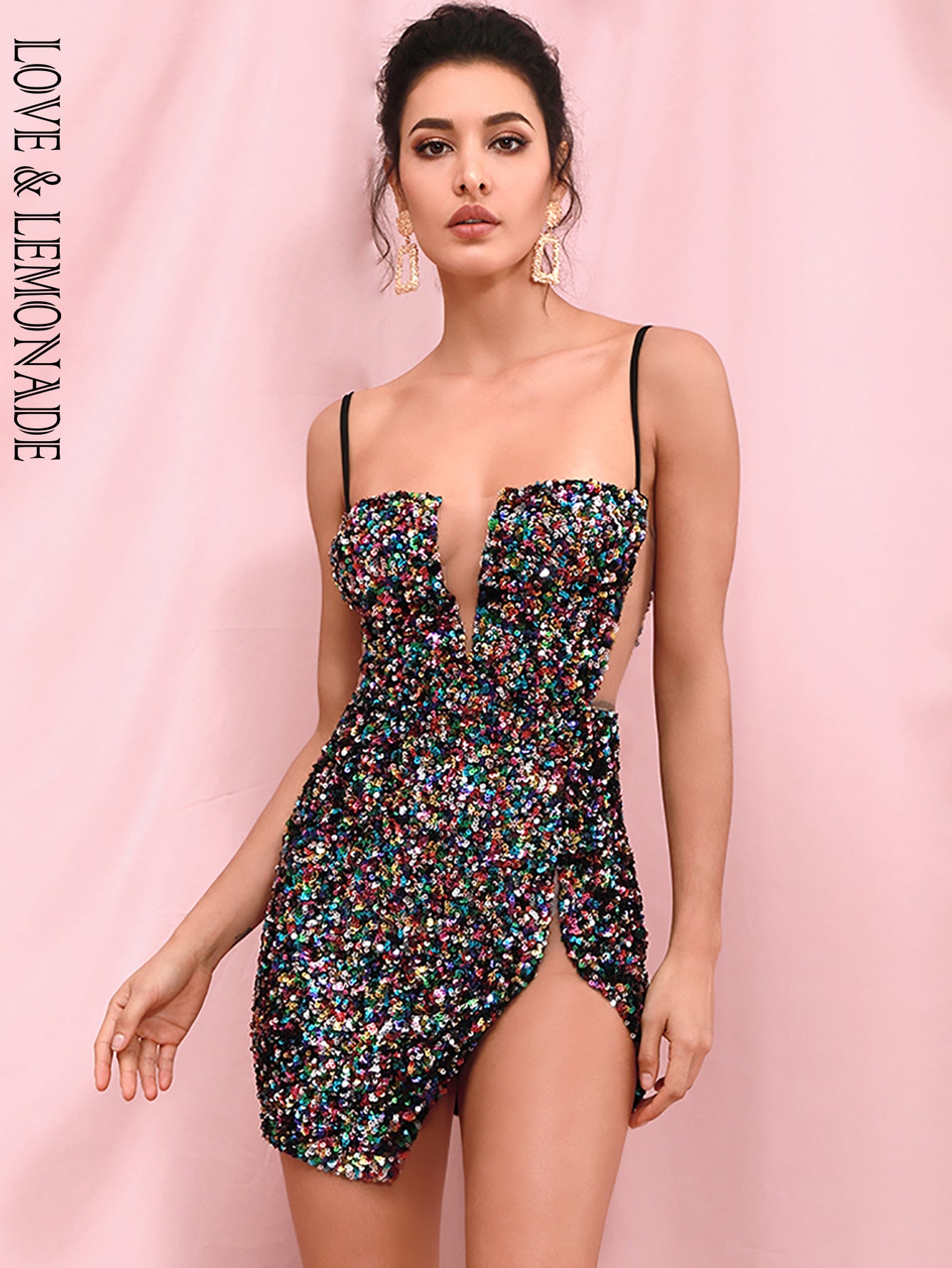 LOVE &amp; LEMONADE Sexy Tube Top Black Cut Out Stretch Sequin Bodycon Party Mini Dress LM82289