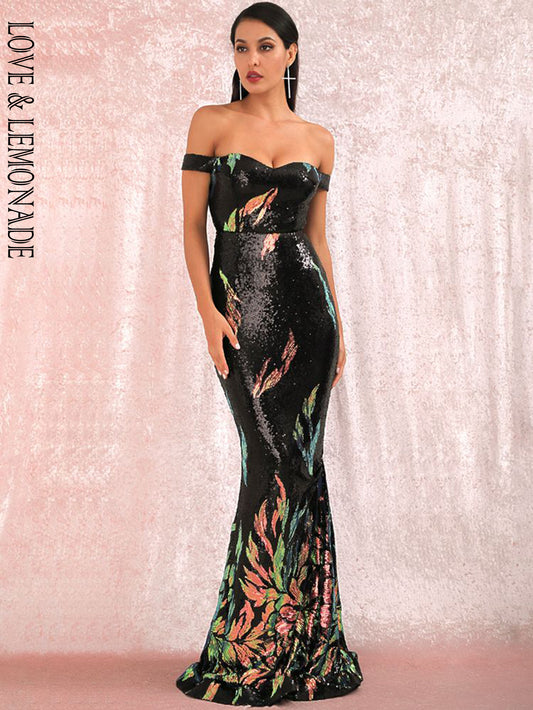 LOVE &amp; LEMONADE Sexy Tube Top Black Positioning Pattern Sequins Slimming Fishtail Shape Maxi Dress LM81343-3