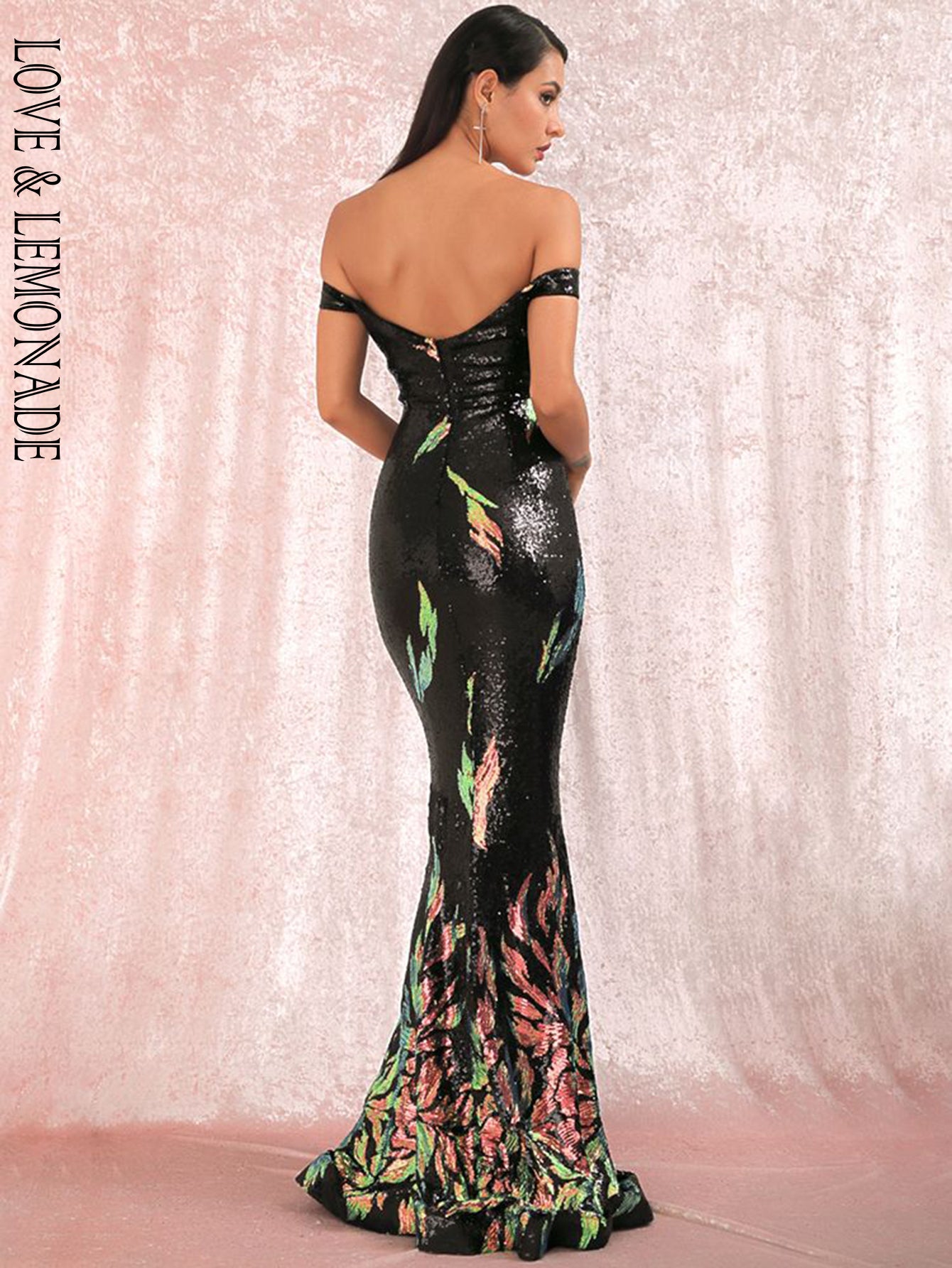 LOVE &amp; LEMONADE Sexy Tube Top Black Positioning Pattern Sequins Slimming Fishtail Shape Maxi Dress LM81343-3