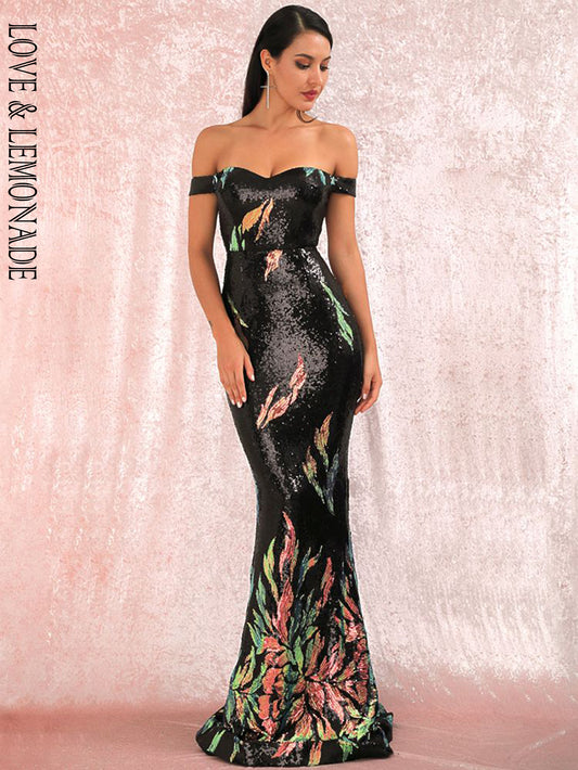 LOVE &amp; LEMONADE Sexy Tube Top Black Positioning Pattern Sequins Slimming Fishtail Shape Maxi Dress LM81343-3