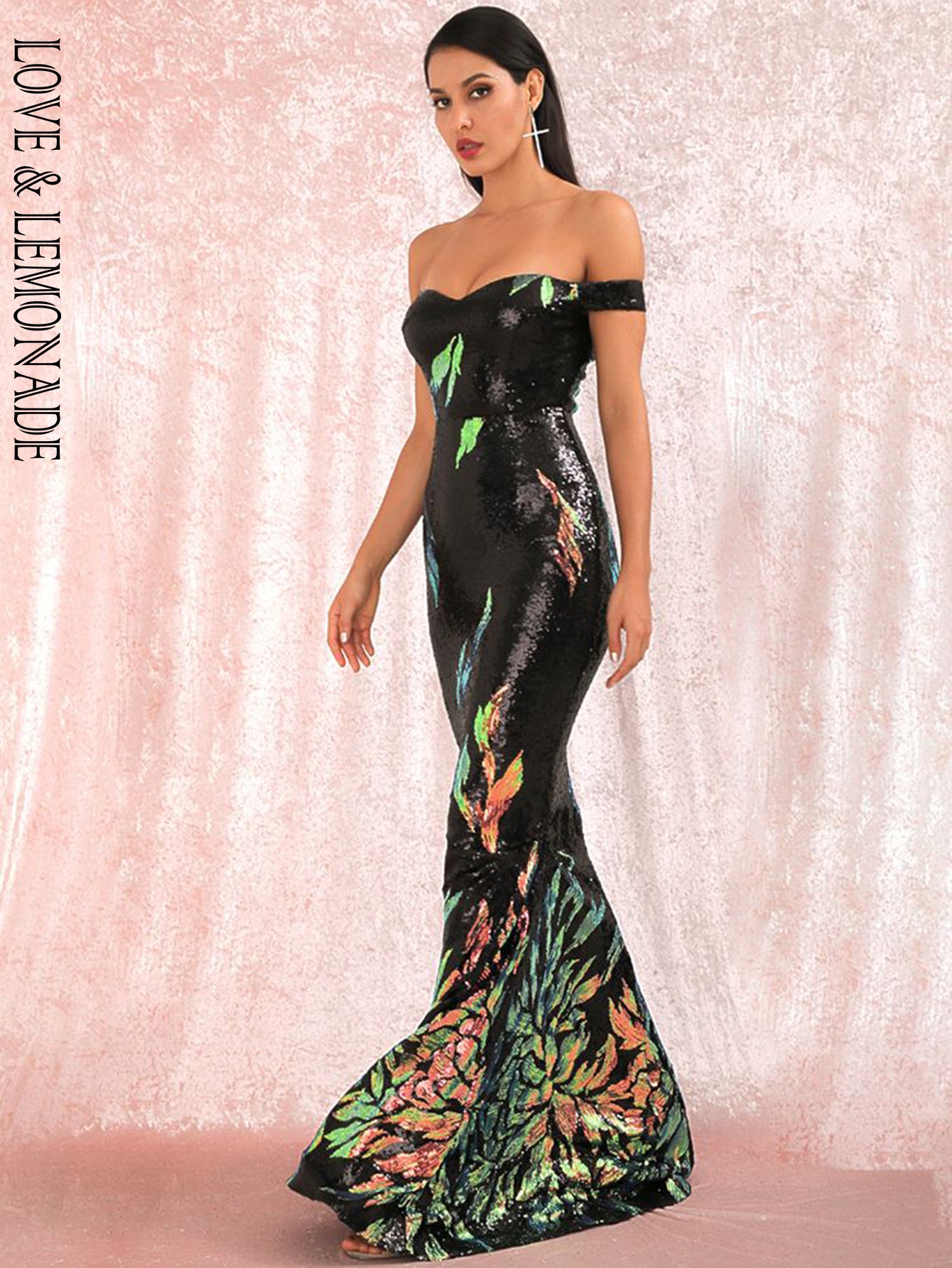 LOVE &amp; LEMONADE Sexy Tube Top Black Positioning Pattern Sequins Slimming Fishtail Shape Maxi Dress LM81343-3