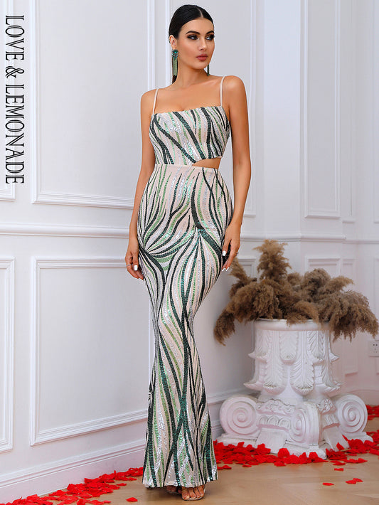 LOVE&amp;LEMONADE Sexy Tube Top Cut Out Green Pattern Sequins Prom Bodyocn Maxi Dress LM83773