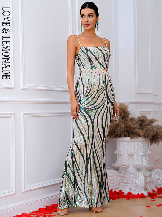 LOVE&amp;LEMONADE Sexy Tube Top Cut Out Green Pattern Sequins Prom Bodyocn Maxi Dress LM83773