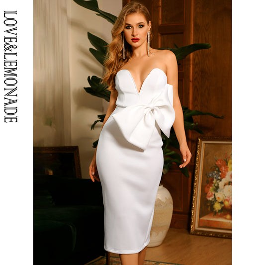 LOVE&amp;LEMONADE Sexy Tube Top Deep V Neck Big Bow Midi Dress LM82885