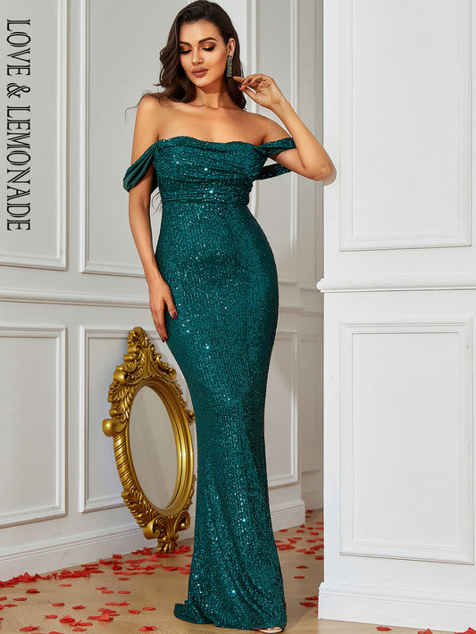 LOVE&amp;LEMONADE Sexy Tube Top Drape Drop Shoulder Green Stretch Sequin Bodysuit Bridesmaid Dress LM83007