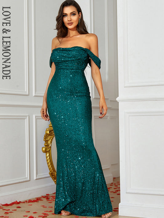 LOVE&amp;LEMONADE Sexy Tube Top Drape Drop Shoulder Green Stretch Sequin Bodysuit Bridesmaid Dress LM83007