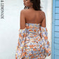 LOVE&amp;LEMONADE Sexy Tube Top Drawstring Lantern Long Sleeve Bodycon Orange Flower Print Party Mini Dress LM83481