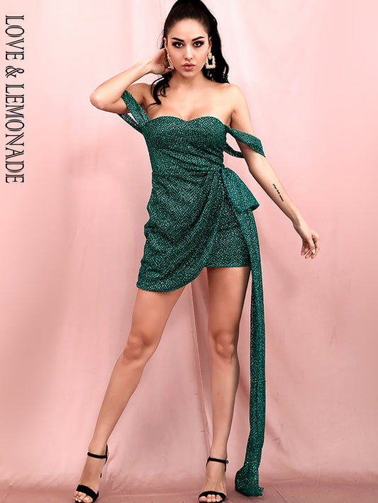 LOVE&amp;LEMONADE Sexy Tube Top Green Reflective Glitter Glued Material Streamer Cross Bodycon Party Mini Dress LM82290