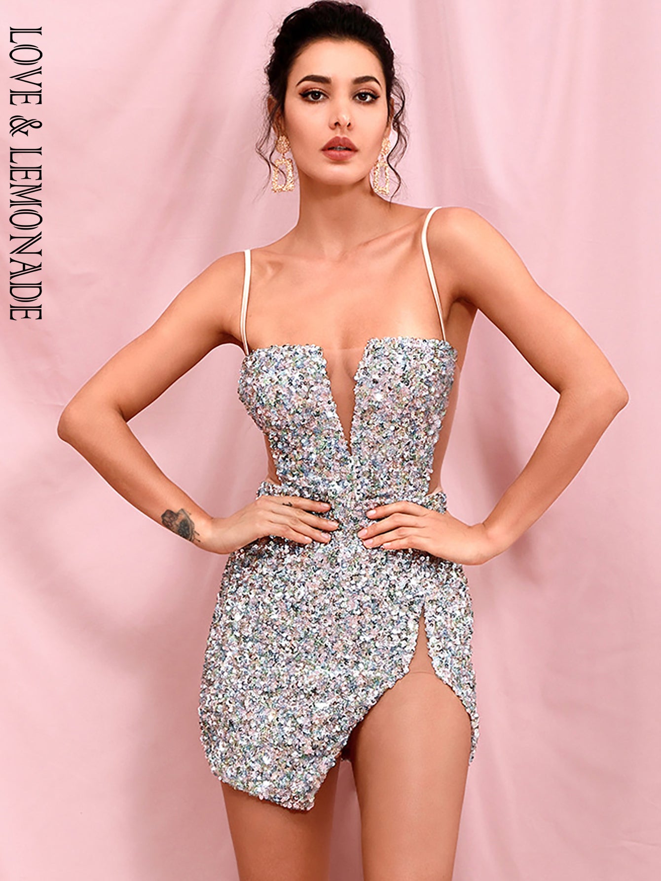 LOVE &amp; LEMONADE Sexy Tube Top Silver Cut Out Stretch Sequin Bodycon Party Mini Dress LM82289