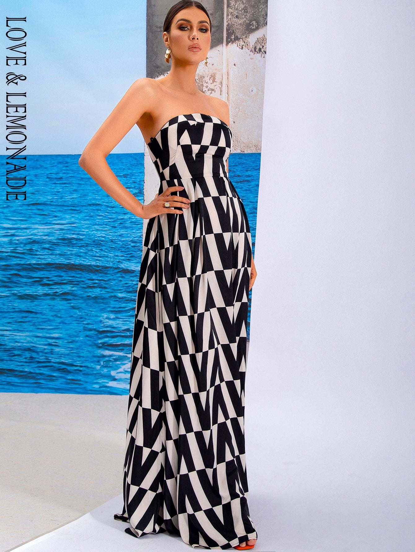 LOVE&amp;LEMONADE Sexy Tube Top Sleeveless Black Corset Black And White Patterned Party Dress LM84222