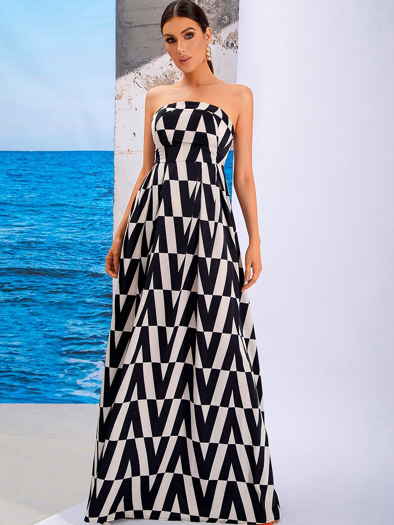 LOVE&amp;LEMONADE Sexy Tube Top Sleeveless Black Corset Black And White Patterned Party Dress LM84222