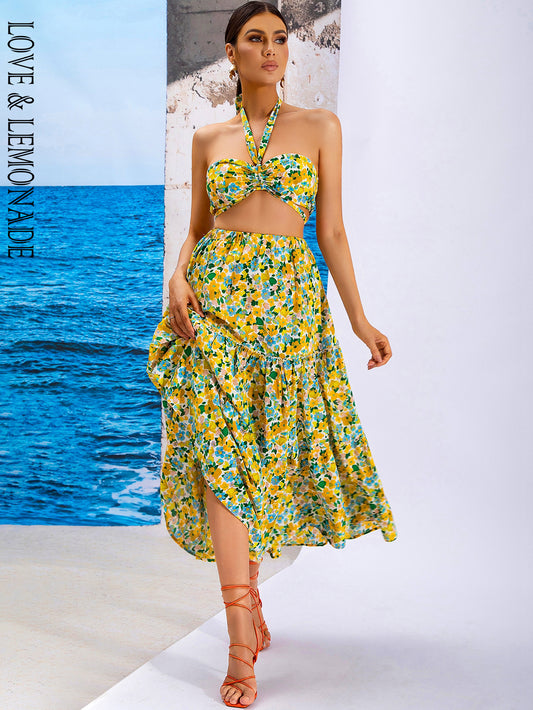 LOVE&amp;LEMONADE Sexy Two-Piece Stretch Top High Waist Halter Tube Top Yellow Print Set WT/S04111 -YELLOW