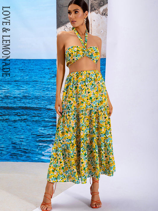 LOVE&amp;LEMONADE Sexy Two-Piece Stretch Top High Waist Halter Tube Top Yellow Print Set WT/S04111 -YELLOW