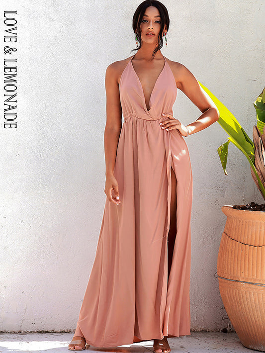 LOVE&amp;LEMONADE Sexy V-Neck Backless Sleeveless Pink Split Split Beach Dress LM83209-1