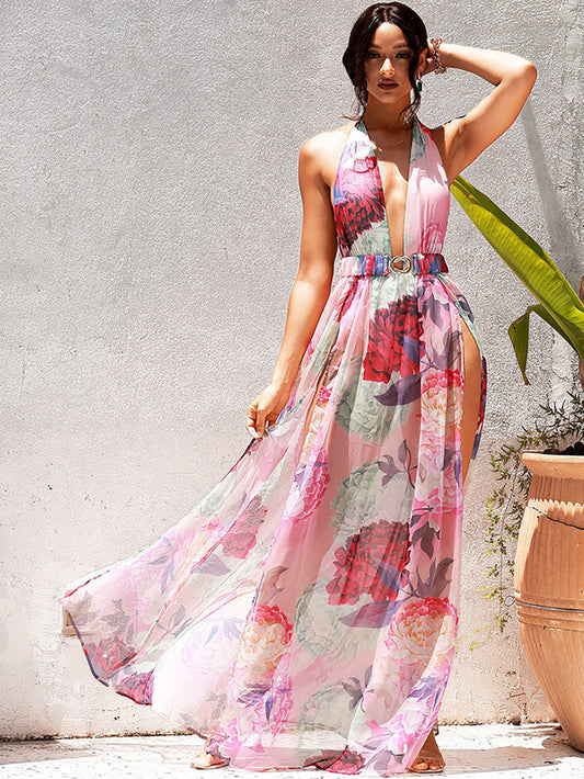 LOVE&amp;LEMONADE Sexy V-Neck Big Backless A-Line Split Pink Flower Print Chiffon Beach Maxi Dress LM83488