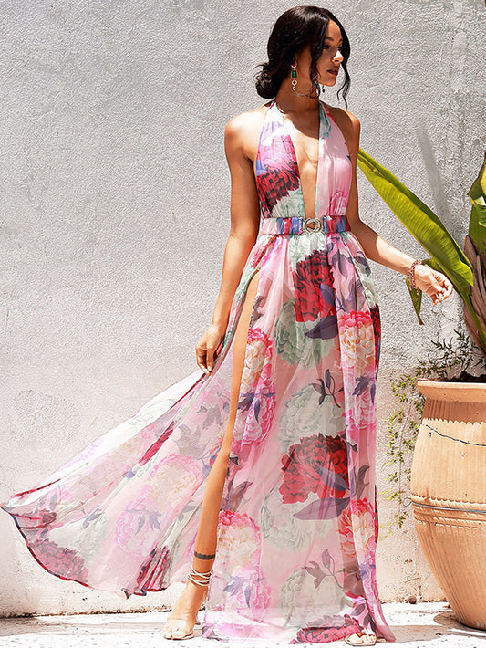 LOVE&amp;LEMONADE Sexy V-Neck Big Backless A-Line Split Pink Flower Print Chiffon Beach Maxi Dress LM83488