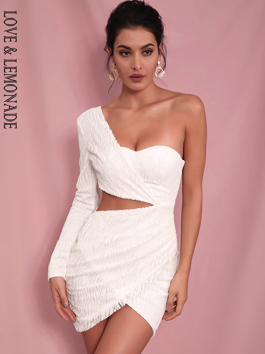 LOVE&amp;LEMONADE Sexy White Cut Out Single Sleeve Glitter Glue Bead Material Bodycon Party Dress LM81650